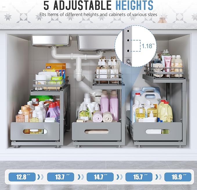 Under Sink Organizer Upgrade To Professional Rails,2-Tier Dual Pull Out Cabinet Storage,Height Adjustable Slide Out Drawers For Bathroom Kitchen,1 Pack-18.5"Dx12.8"-16.9"H,Gun Gray - Image 6