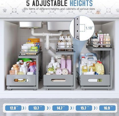 Under Sink Organizer Upgrade To Professional Rails,2-Tier Dual Pull Out Cabinet Storage,Height Adjustable Slide Out Drawers For Bathroom Kitchen,1 Pack-18.5"Dx12.8"-16.9"H,Gun Gray - Image 6