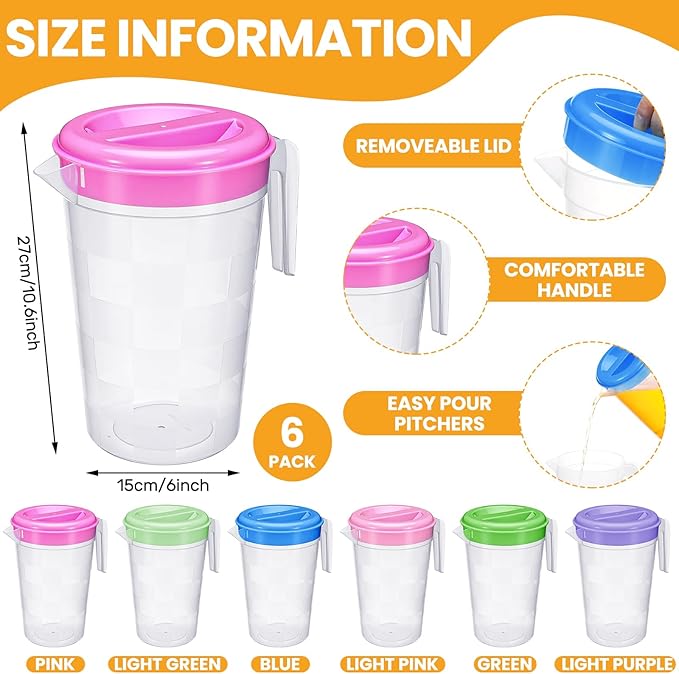 Honeydak 6 Pcs 70 Oz Round Clear Plastic Pitcher with Lid & Handle for Water Iced Tea Beverages (6 Packs Assorted Color) Jarras Para Aguas Frescas Plastic Pitcher for Easy Pouring - Image 2