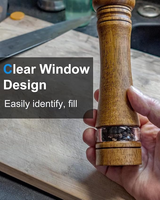 Pepper Grinder Salt Grinder Wooden Pepper Mill Grinder w/Adjustable Coarse, 8 inch Tall Wood Refillable Manual Pepper Grinder Mill Peppermill for Black Peppercorn, Easy Clean w/Cleaning Brush - Image 2