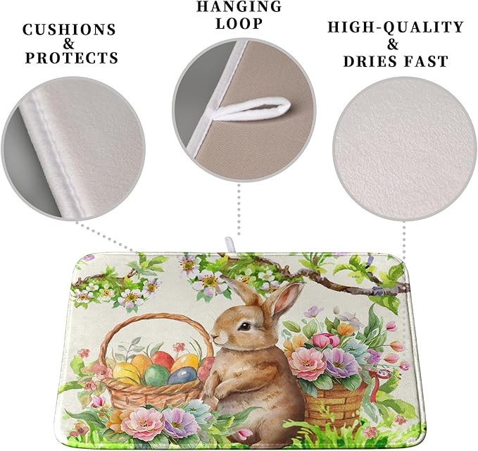 Happy Easter Bunny Kitchen Dish Drying Mat for Dishes 18x24 Inch Spring Colorful Floral Flower Basket Drying Mats Easter Eggs Dish Drainer Mat Super Absorbent Dish Rack Pad for Coffee Bar Sinks - Image 3
