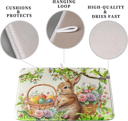 Happy Easter Bunny Kitchen Dish Drying Mat for Dishes 18x24 Inch Spring Colorful Floral Flower Basket Drying Mats Easter Eggs Dish Drainer Mat Super Absorbent Dish Rack Pad for Coffee Bar Sinks - Image 3
