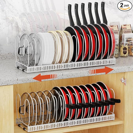 Housolution 2 Pack Pot and Pan Organizer, 12"-23" Expandable Pot Lid Organizer with 14 Adjustable Dividers, Pan Lid Holder Storage Rack for Cabinet, White by Housolution