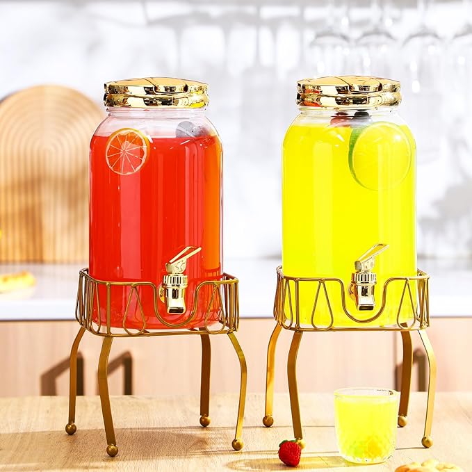 Tanlade 2 Pcs Plastic Drink Dispenser with Stand Beverage Dispenser with Sturdy Metal Base Juice Jar for Parties Lemonade Jar Spigot for Weddings Countertop Water, Each 1 Gallon (Gold)