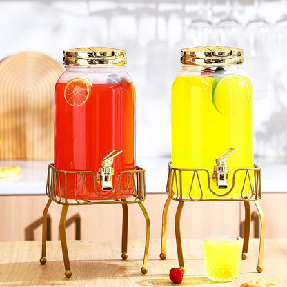 Tanlade 2 Pcs Plastic Drink Dispenser with Stand Beverage Dispenser with Sturdy Metal Base Juice Jar for Parties Lemonade Jar Spigot for Weddings Countertop Water, Each 1 Gallon (Gold)