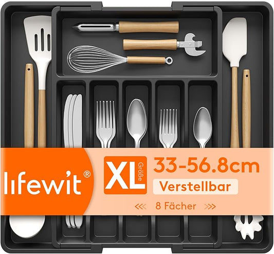 Lifewit Silverware Drawer Organizer, Expandable Utensil Tray for Kitchen, BPA Free Flatware and Cutlery Holder, Adjustable Plastic Storage for Spoons Forks Knives, 33 -57 x 42cm, Black by Lifewit