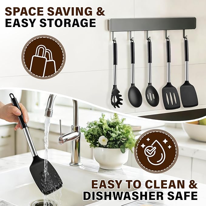 5Pcs Silicone Cooking Utensils Set, Heat Resistant Kitchen Tools Include Solid&Slotted Spatula, Cooking Spoon and Pasta Server, Silicone Kitchen Utensils set for Nonstick Cookware Flipping, Black - Image 7