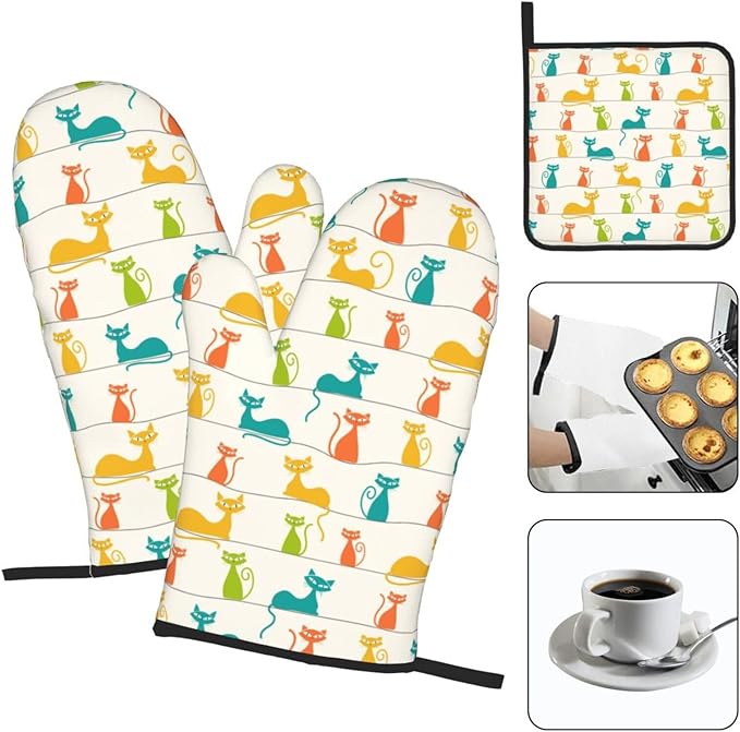 Mid Century Modern Cats Oven Mitts and Pot Holders Set Heat Resistant Cute Oven Gloves for BBQ Baking Grilling Cooks Kitchen Decor 3 Piece - Image 3