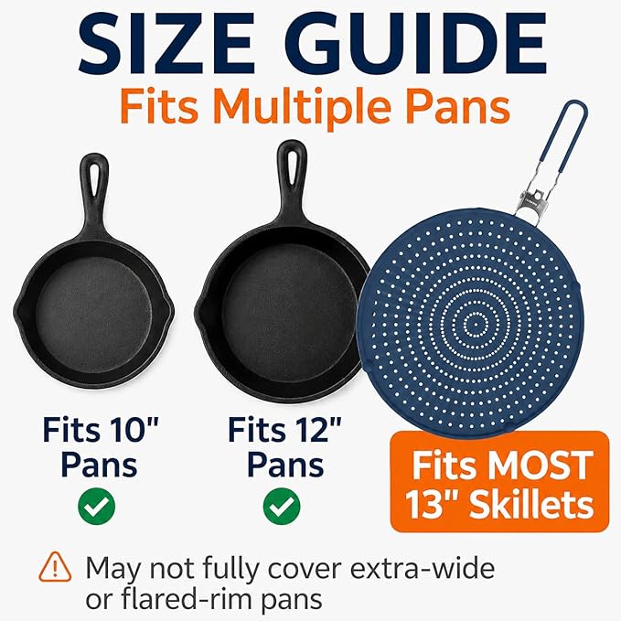 Silicone Splatter Screen for Frying Pan, 13” Navy – Grease & Oil Splatter Guard, Heat Resistant, Dishwasher Safe, Foldable Handle with Sleeves – Splash Guard Fits 10–12” Pans, Most 13” Skillets - Image 9