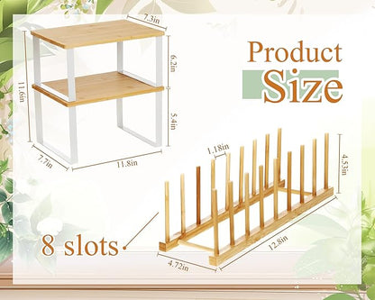 Marsui 4 Pcs Kitchen Organizer Accessories Set Cabinet Organizer Shelf and Bamboo Dish Drying Plate Rack Counter Shelves Storage Holder for Spice Rack, Dish, Pot Lid, Bowl, Cup(Wooden Color) - Image 2
