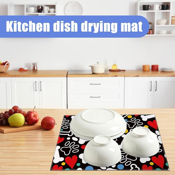 Dog Paw Bone Dish Drying Mat for Kitchen Counter Drying Pad Absorbent Reversible Dish Drainer Rack Mats Draining Pad 18"x24"Inch