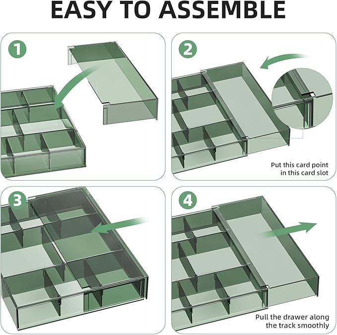 Marbrasse Expandable Desk Drawer Organizer, Clear Plastic Drawer Organizer Tray with 10 Adjustable Compartments, Desk Organizers and Accessories, 5 Drawer Dividers for Office Supplies(Clear Green) - Image 6