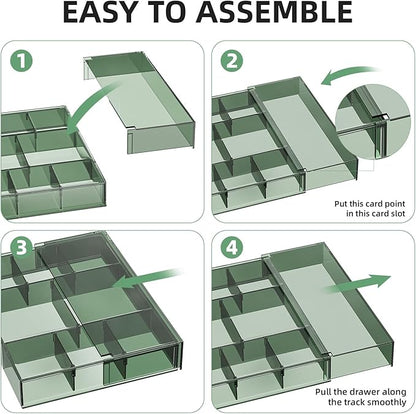 Marbrasse Expandable Desk Drawer Organizer, Clear Plastic Drawer Organizer Tray with 10 Adjustable Compartments, Desk Organizers and Accessories, 5 Drawer Dividers for Office Supplies(Clear Green) - Image 6