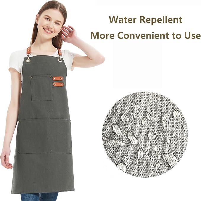 AFUN Chef Aprons for Women Men with Oversized Pockets, 12-Ounce Cotton Canvas Cross Back Water Repellent Apron (Grey) - Image 3