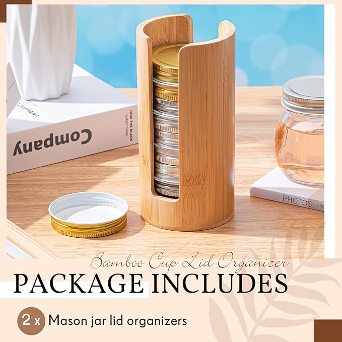 Suclain 2 Pcs Mason Jar Lid Organizer Bamboo Vertical Mason Jar Lid Storage Accessories Tumbler Lids Holder Cup Lids Organizer for Home Kitchen Countertop Cupboard(Only for Regular Mouth) - Image 3