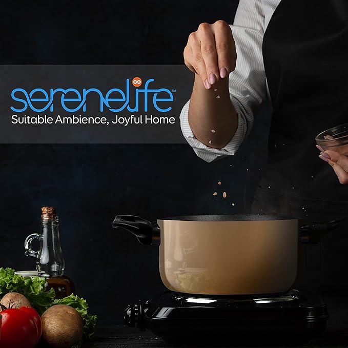 SereneLife Kitchenware Pots & Pans Basic Kitchen Cookware, Black Non-Stick Coating Inside, Heat Resistant Lacquer (15-Piece Set), One Size, Gold - Image 8