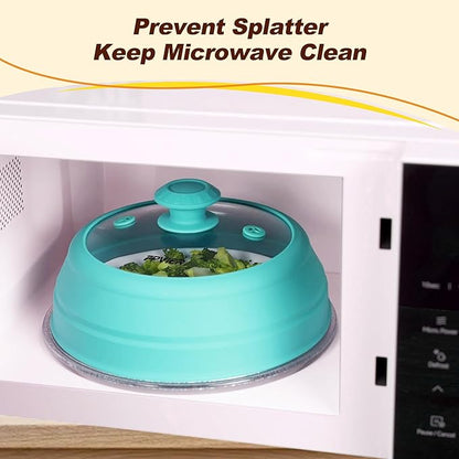 Microwave Splatter cover, Glass Microwave Cover for Food, 10.8 inch Guard Lid with Collapsible Silicone for 6-10 inch Plates & Bowls, Dishwasher Safe, 450°F Heat Resistant, BPA-Free, Blue