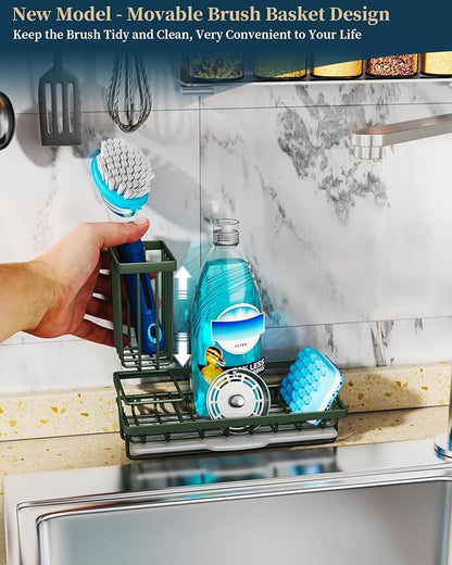 Consumest Sponge Holder for Kitchen Sink - Kitchen Sink Caddy Organizer with Removable Drip Tray for Countertop Dish Soap Dispenser Brush Storage Accessories 304 Stainless Steel, Green - Image 2