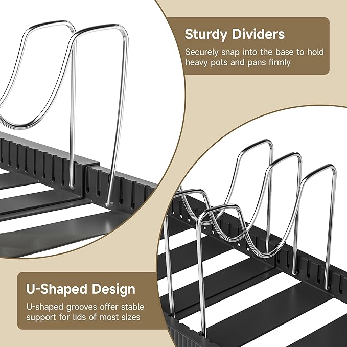 MUDEELA Pot Lid Organizer Rack for Cabinet, Expandable Pots and Pans Organizer under Cabinet with 12 Adjustable Dividers, Pan Organizers Holder inside Cabinet for Cutting Boards, Baking Sheets, Black - Image 6