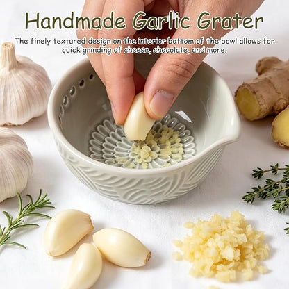 Grater Plate, 3 in 1 Ceramic Ginger Grater Bowl with Herb Stripper – Handmade Multi-Functional Kitchen Tool for Garlic, Ginger, Chocolate, Herbs, and Spices