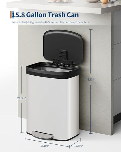 Garvee 16 gal / 60 L Metal Trash Can with Lid, Large Garbage Can for Kitchen, Rustproof Step-on Kitchen Metal Trash Bin with Liner Rim, Rear Handle, Soft Close Plastic Lid, White - Image 6