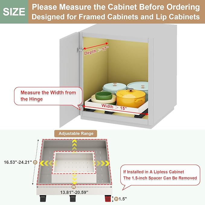 Pull out Cabinet Organizer,Expandable Width(15"-21"),Depth(17"-24") with 3 Rails,Roll out Drawers,No Drill Adjustable Slide out Shelves for Kitchen,Pantry,for Both Lip and Lip-Free Cabinets,White(1PC) - Image 2