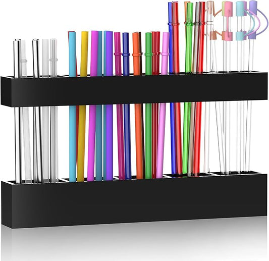 9.5” Large Acrylic Straw Holder for Cabinet Door, Reusable Adjustable Two-Part Straws Organizer with Ultra Sticky Adhesive Strips, 2026 Straw Storage for Kitchen Cupboard (Black)