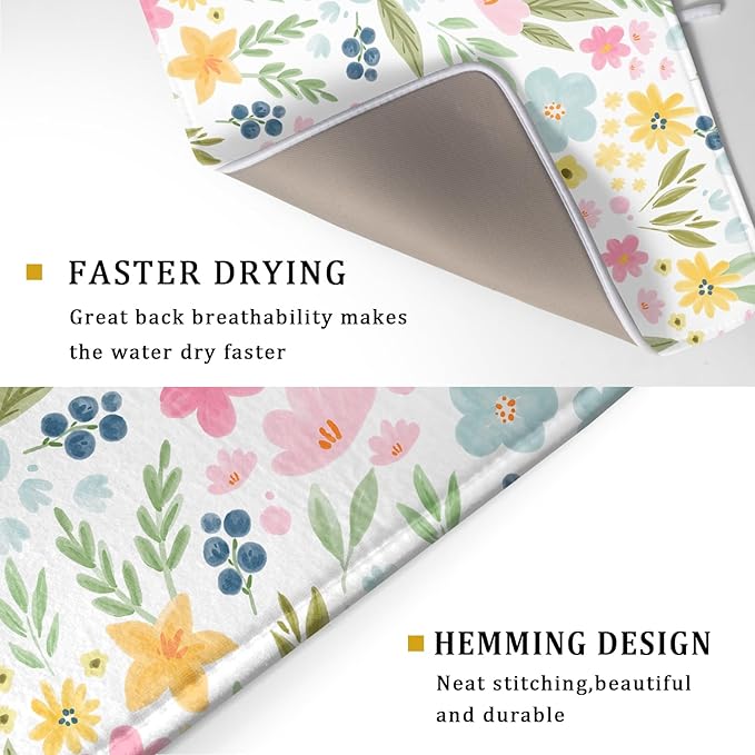 Spring Dish Drying Mat for Kitchen Counter Cute Floral Summer Holiday Microfiber Absorbent Dish Draining Reusable Washable Foldable Extra Large 18"x24" - Image 3