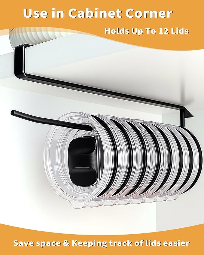 Tumbler Lid Organizer, Bar Hook Fits Various Lids, Horizontal Tumbler Lid Storage Hook, No Glue No Drill Straw Lid Holder/Hanger/Cup Holder, Kitchen Organizers under Cabinet, up to 12 Yeti Lids - Image 2