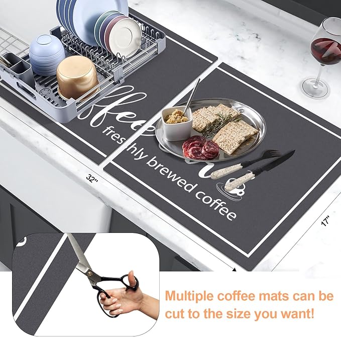 Findosom Dish Drying Mat, 17"x 32" Super Absorbent & Hide Stain Coffee Mat, Cuttable Drying Mat for Kitchen Counter, Coffee Bar Accessories, Under Dish Rack, Coffee Maker, Espresso Machine, DarkGrey - Image 2