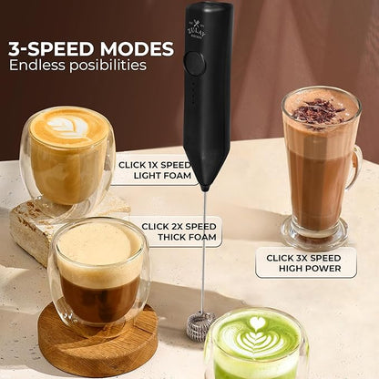 Zulay Kitchen Rechargeable Milk Frother - Dynamic - 3 Speeds, 3 Whisk Attachments, 500 mAh USB Charging, Drink Mixer For Latte, Cappuccino, Matcha, Protein Powder, Coffee Foam - Black - Image 4