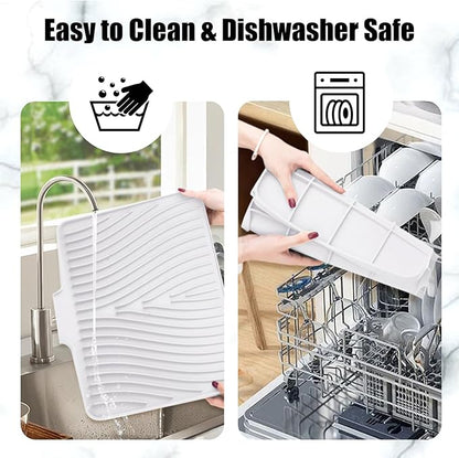 TIKNIK Silicone Dish Drying Mat, Stone Drying Mat for Kitchen Counter with Built-In Drain, Non-Slip Drain Pad with Built-in Drain, Heat Resistant Stone Drying Mat, Hangable, White-2pcs, 16" x 12" - Image 4