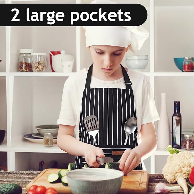 2 Pack Stripes Kids Apron, Kids Cooking Aprons with 2 Pockets, Cute Aprons for Cooking for Boys and Girls