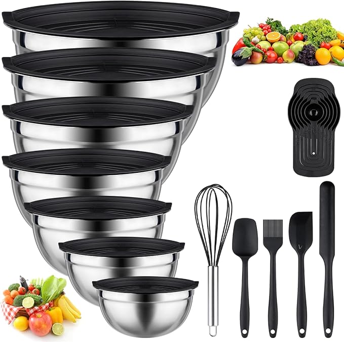 Leidawn Mixing Bowls with Lids set - 25 PCS Stainless Steel Nesting Black Mixing Bowls Set for Baking, Mixing, Serving & Prepping, Size 5, 3.7, 2.8, 2.3, 1.7, 1.1, 0.7QT, 11 Cooking Utensils by Leidawn