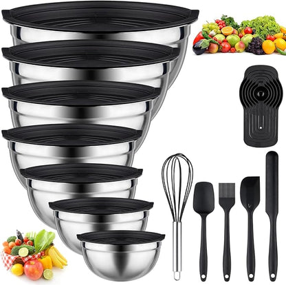 Leidawn Mixing Bowls with Lids set - 25 PCS Stainless Steel Nesting Black Mixing Bowls Set for Baking, Mixing, Serving & Prepping, Size 5, 3.7, 2.8, 2.3, 1.7, 1.1, 0.7QT, 11 Cooking Utensils by Leidawn