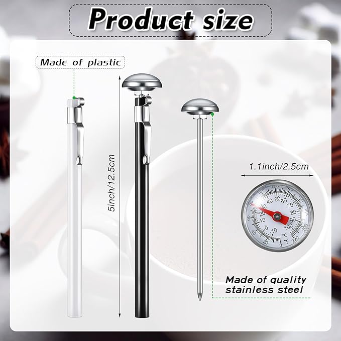 Xuhal 6 Pcs Stainless Steel Kitchen Thermometer with 5 Inch Long Stem 1 Inch Dial Thermometer Milk Frothing Food for Oven Probe Meat Grill BBQ Cooking Chocolate Water(Black, Red, White) - Image 2
