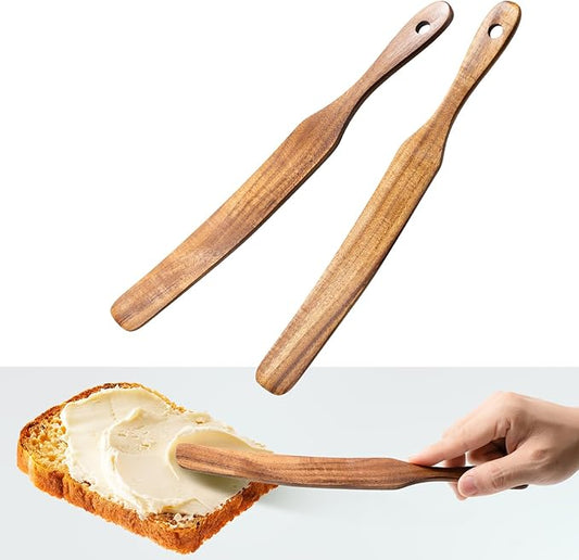 Wooden Spatula for Cooking Set of 2 – 11 Inch Teak Wood Spatula with Thin Edge for Flipping – Flat Wooden Spatulas for Nonstick Pans – Sturdy Wood Cooking Utensils for Daily Use
