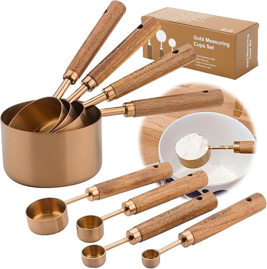 Premium Measuring Cups and Spoons Set with Wood Handle, 8-Pieces Stainless Steel Liquid and Dry Measuring Cup Set for Baking, Cooking, Coffee with Ergonomic Grip & Engraved Markings (Bronze8)