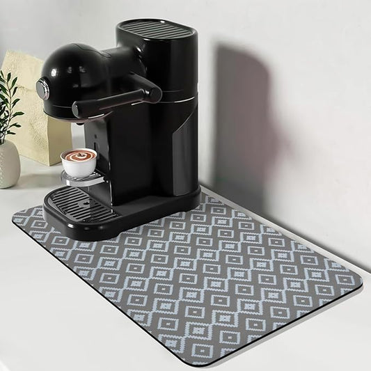 Bloss Dish Drying Mat, 12"x19" Absorbent Coffee Bar Mat with Waterproof Rubber Back, Fit Under Coffee Maker Machine/Kitchen Counter(Gray-White Plaid) by Bloss
