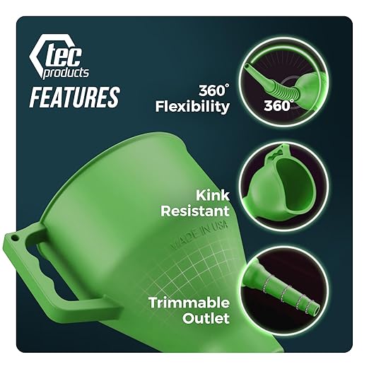 TEC Products FlexAll Long Flexible Funnels - Automotive Oil Funnel with Hose, Durable Nitrile Rubber for Oil Change, Transmission Funnel Fluid, Diesel, Fuel, Gas - Made in USA - Green (16 x 5 Inches) - Image 5