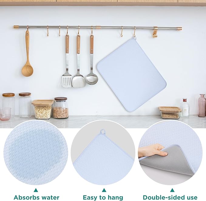 GeeRic 12 * 16 inch Microfiber Dish Drying Mat, Superb Absorbent Kitchen Dish Drying Pad, Reversible Drainboard for Countertop, Blue - Image 3