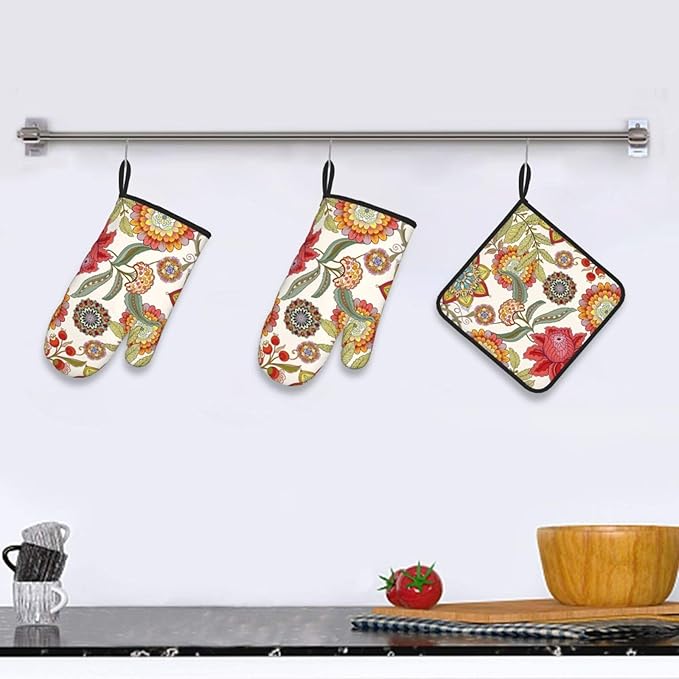 Boho Floral Oven Mitts and Pot Holders Sets of 3 Heat Resistant Hot Pads Colorful Flower Decorative Oven Gloves for Cooking Grilling Baking Kitchen Decor - Image 6