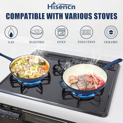 Hisencn Enameled Cast Iron Skillet Set - 3 Piece Ceramic Coated Fry Pan Set(8'',9.5'' 11''), PFAS/PTFE/PFOA Free, Oven & Induction Safe, Navy Blue Cookware for Gas/Electric Stovetop