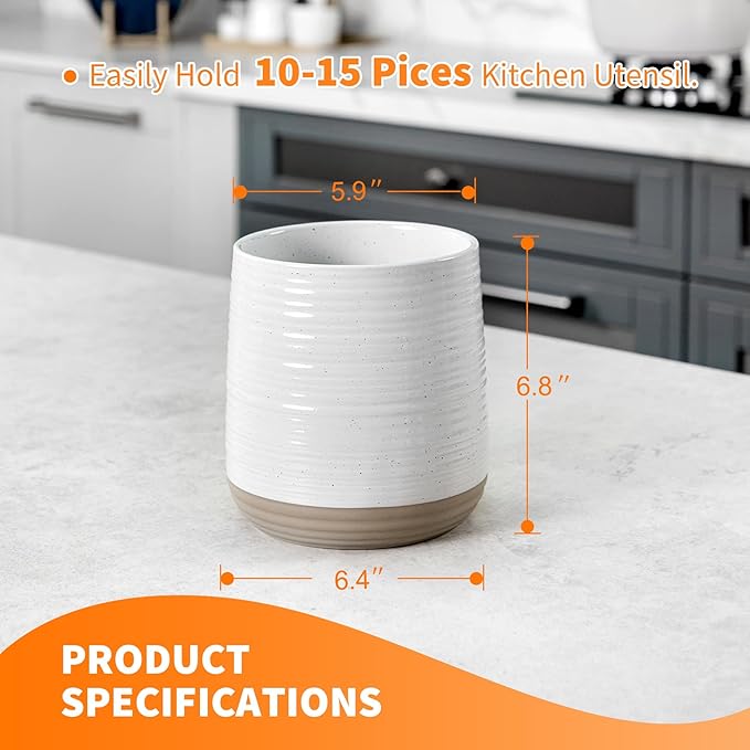 6.8" Large Ceramic Kitchen Utensil Holder - Utensil Holder for Kitchen Counter, Modern Farmhouse Style Holder for Spoons, Spatulas & Cooking Tools (White) - Image 2