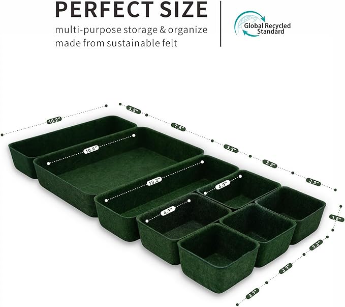 Welaxy Desk drawer organizer bins shallow trays felt storage desktop box for jewelry watches office supplies makeup small key holder minimalism 8-piece (Forest Green) - Image 7