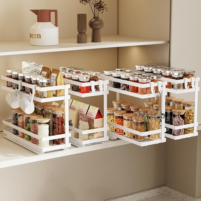Magheo Pull Out Spice Rack Organizer for Cabinet, 4 Pack Metal Seasoning Organizer Slide Out Spice Storage Shelf No Assembly Vertical Spice Rack Pullout for Kitchen & Bahthroom No Drill(2 Tier,White) by COMFORTYOURHOME