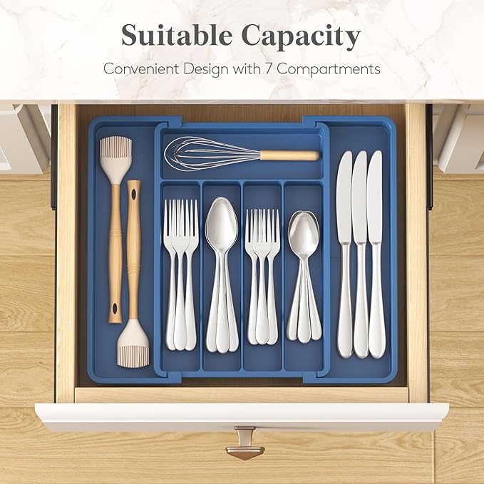 Lifewit Silverware Drawer Organizer, Expandable Utensil Tray for Kitchen, BPA Free Flatware and Cutlery Holder, Adjustable Plastic Storage for Spoons Forks Knives, 8.5"-14.1" x 12.1", Dark Blue - Image 3