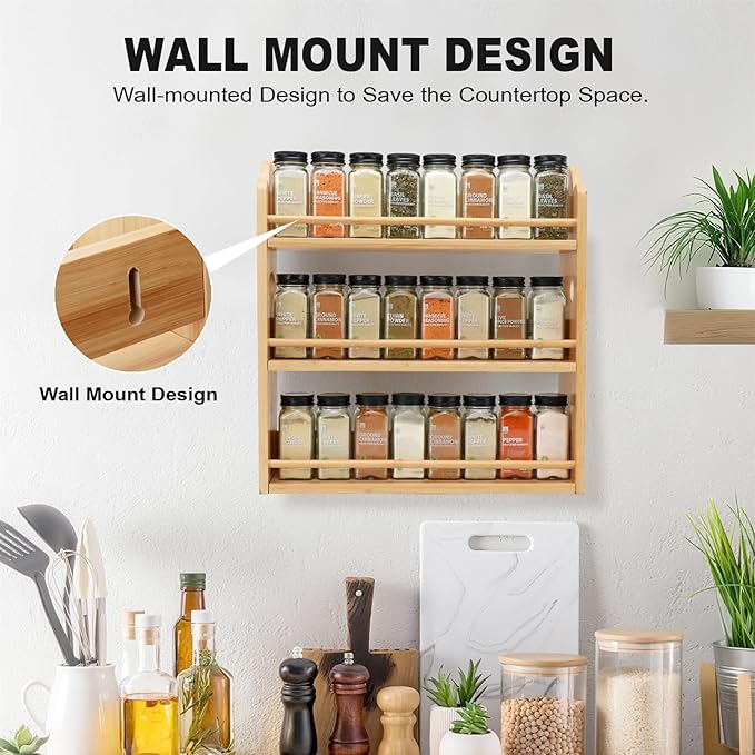 3 Tier Bamboo Spice Rack, Spice Rack Organizer, Seasoning Jars Rack Shelf Spice Organizer for Kitchen Counter or Wall Mounting, Spice Storage Holder with handles, Jars Not Included,Natural - Image 5