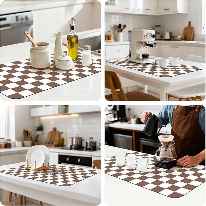 17" x 32" Checkered Dish Drying Mat for Kitchen Counter, Absorbent Coffee Bar Mat for Espresso Machine Coffee Countertops Accessories, Coffee Brown - Image 8