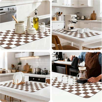 17" x 32" Checkered Dish Drying Mat for Kitchen Counter, Absorbent Coffee Bar Mat for Espresso Machine Coffee Countertops Accessories, Coffee Brown - Image 8